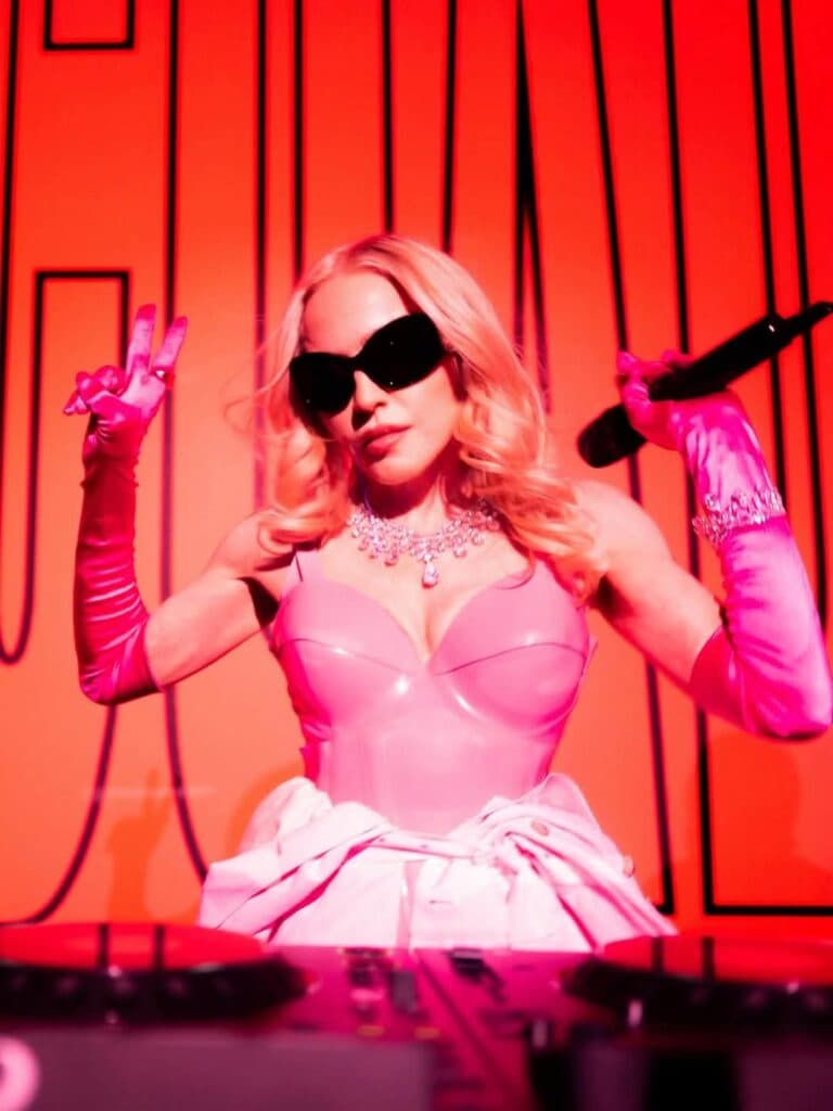 Madonna con guantes rosas y gafas oscuras, sosteniendo un micrófono en un escenario iluminado, durante la promoción de su álbum Confessions II.